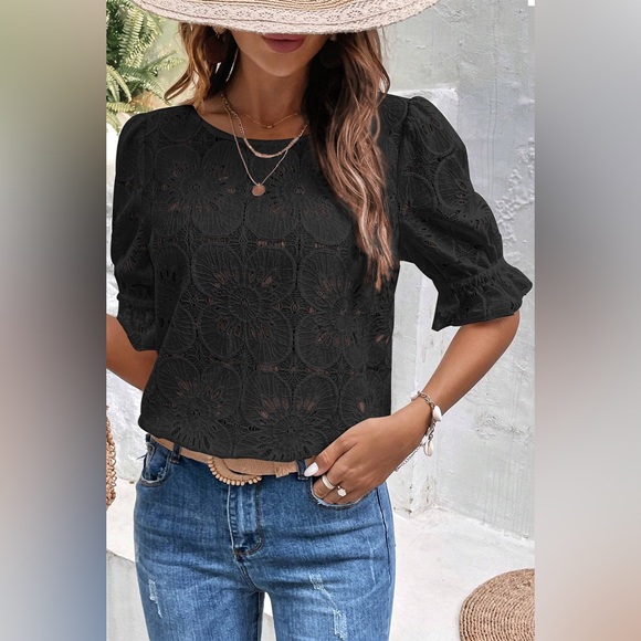 Black Flower Eyelet Jacquard Keyhole Flounce
Sleeve Top Bohemian Blouse - Picture 1 of 9